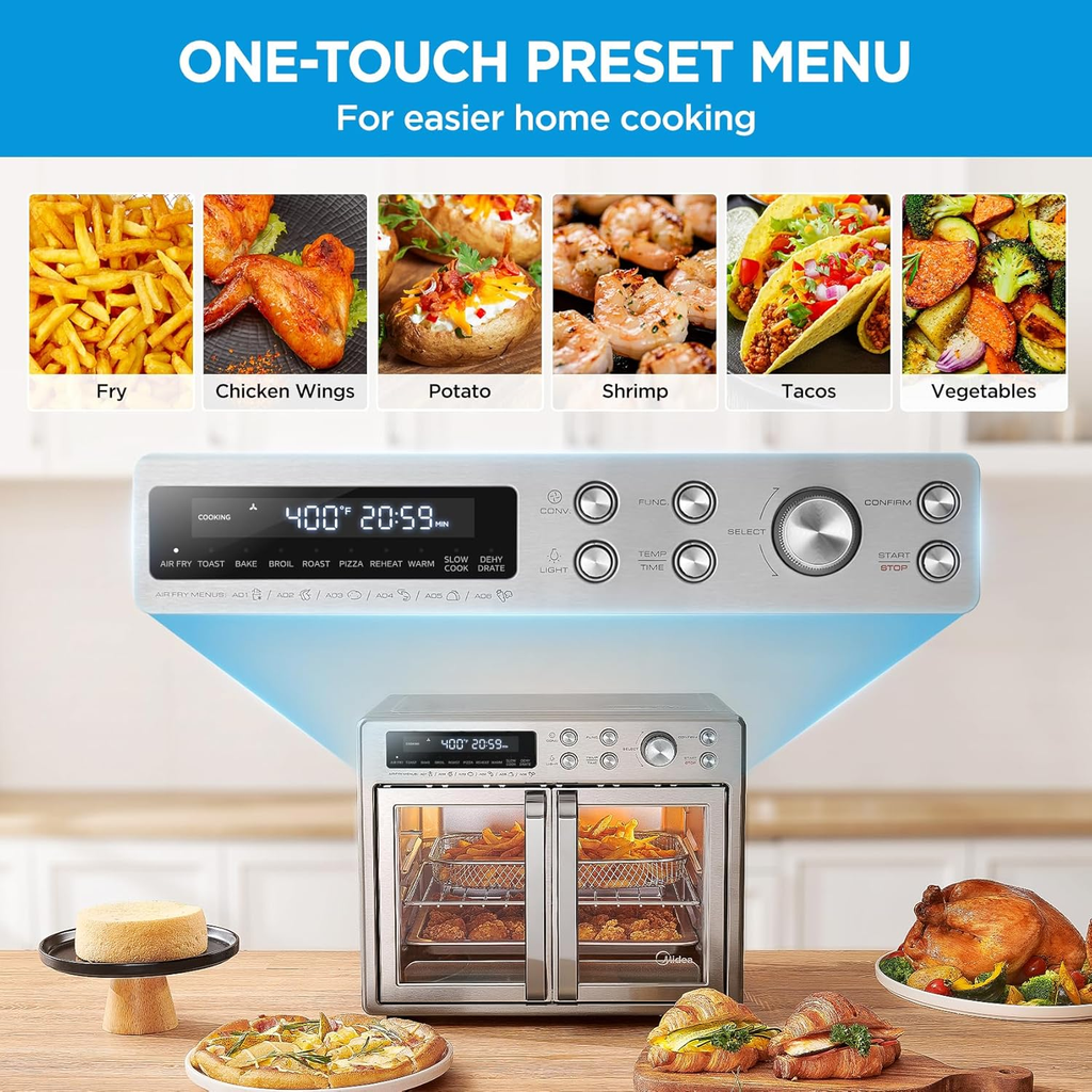 26.4 QT 10-in-1 French Door Air Fryer Toaster Oven Combo, Stainless Steel