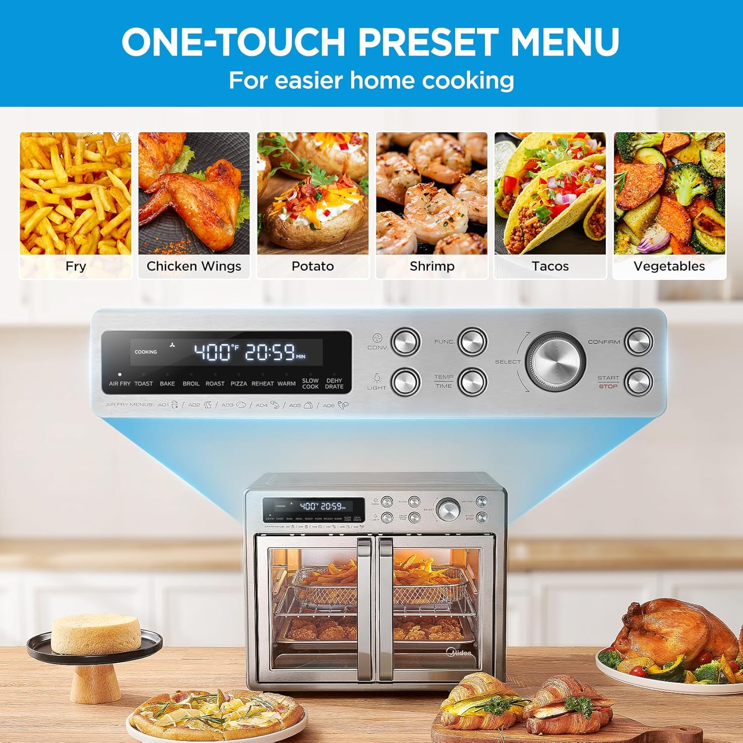 26.4 QT 10-in-1 French Door Air Fryer Toaster Oven Combo, Stainless Steel