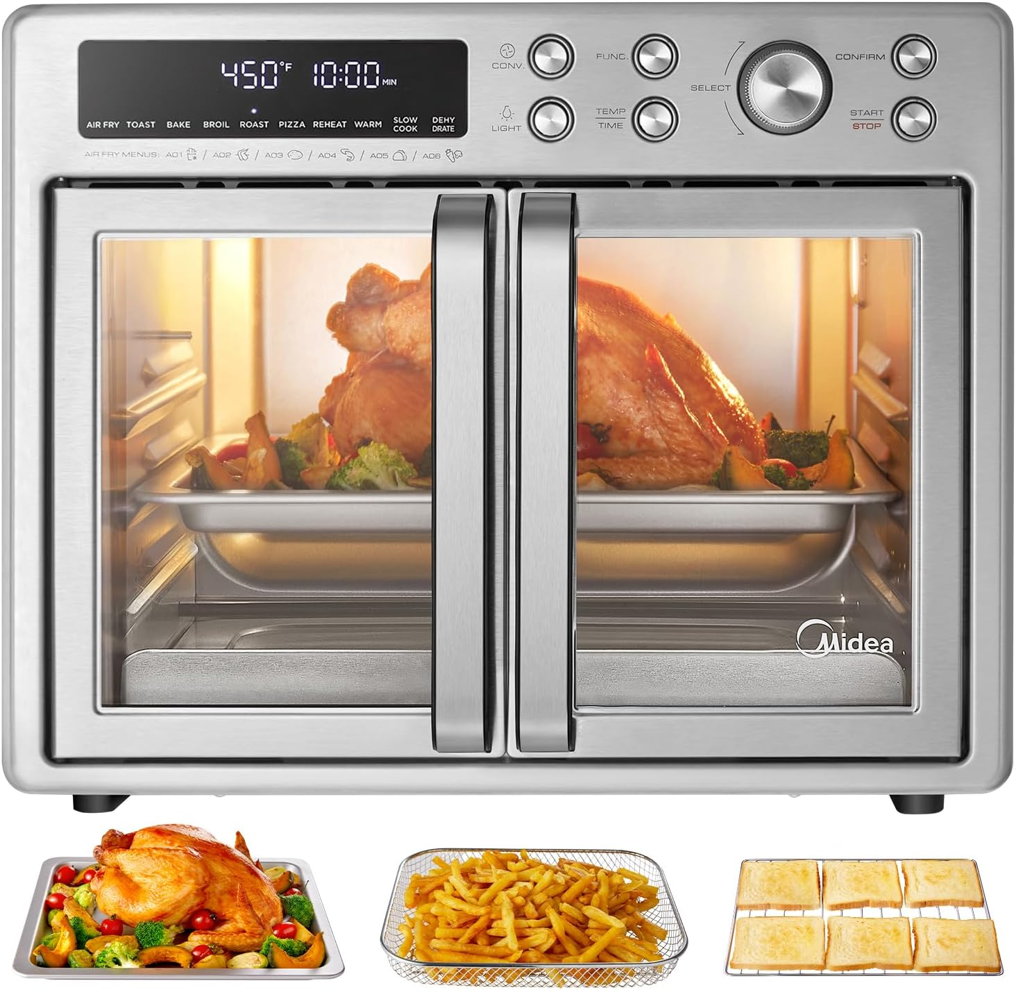 26.4 QT 10-in-1 French Door Air Fryer Toaster Oven Combo, Stainless Steel
