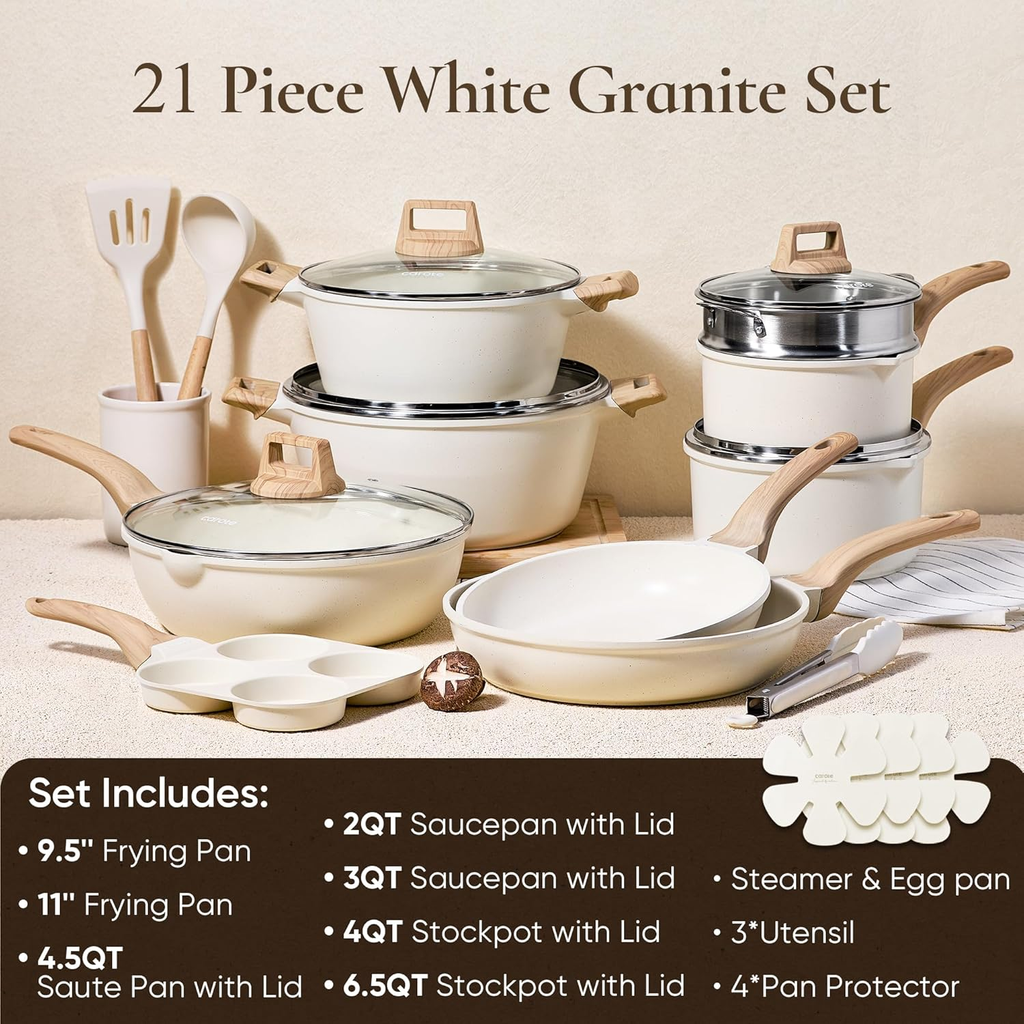 21Pcs White Granite Nonstick Cookware Set, Induction Compatible, PFOS & PFOA Free Pots and Pans