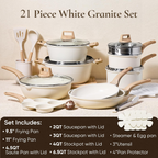 21Pcs White Granite Nonstick Cookware Set, Induction Compatible, PFOS & PFOA Free Pots and Pans