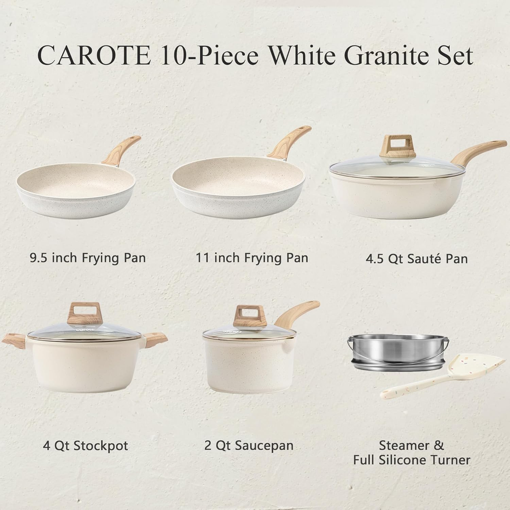 21Pcs White Granite Nonstick Cookware Set, Induction Compatible, PFOS & PFOA Free Pots and Pans