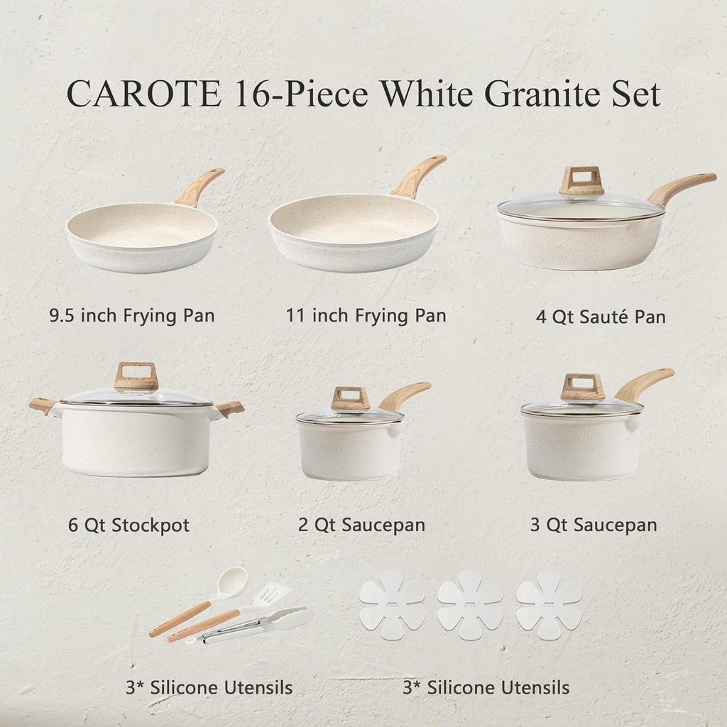 21Pcs White Granite Nonstick Cookware Set, Induction Compatible, PFOS & PFOA Free Pots and Pans