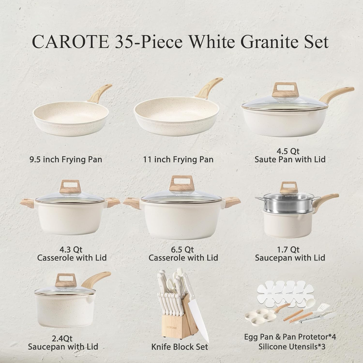21Pcs White Granite Nonstick Cookware Set, Induction Compatible, PFOS & PFOA Free Pots and Pans