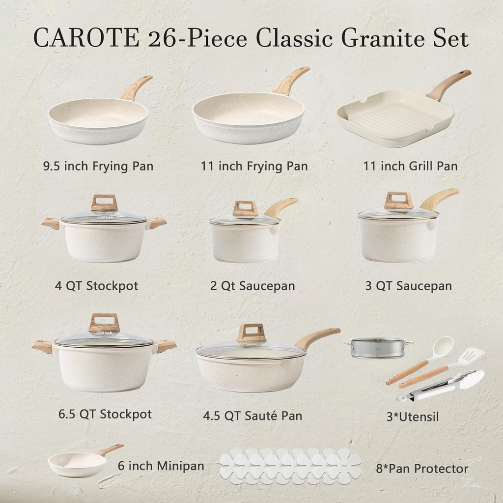 21Pcs White Granite Nonstick Cookware Set, Induction Compatible, PFOS & PFOA Free Pots and Pans