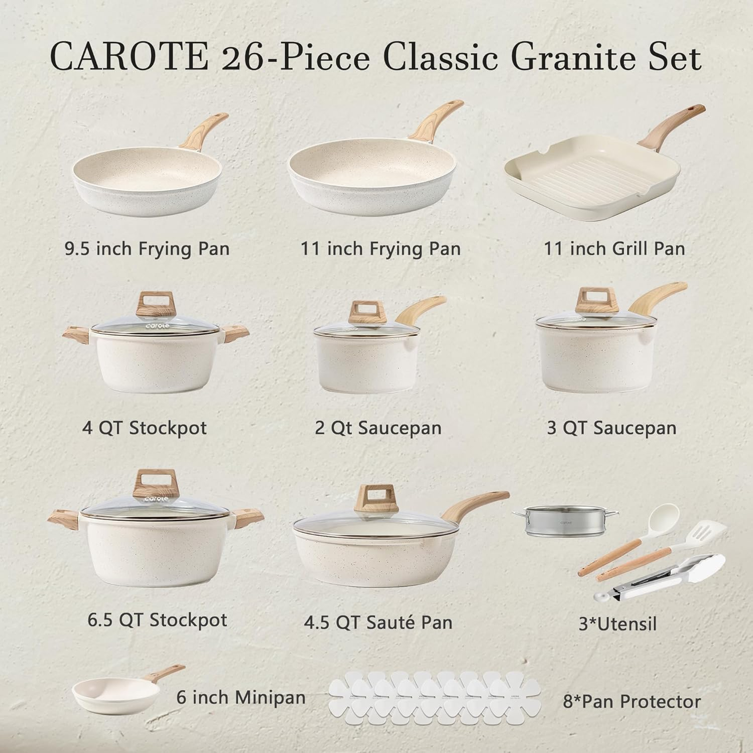 21Pcs White Granite Nonstick Cookware Set, Induction Compatible, PFOS & PFOA Free Pots and Pans