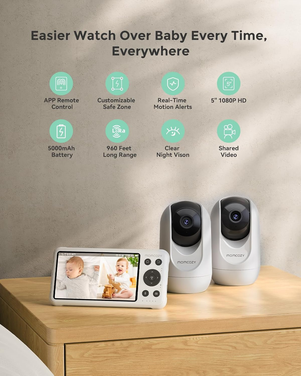 Smart WiFi Baby Monitor with Camera & Audio | 5” 1080P, Night Vision, Motion & Cry Detection